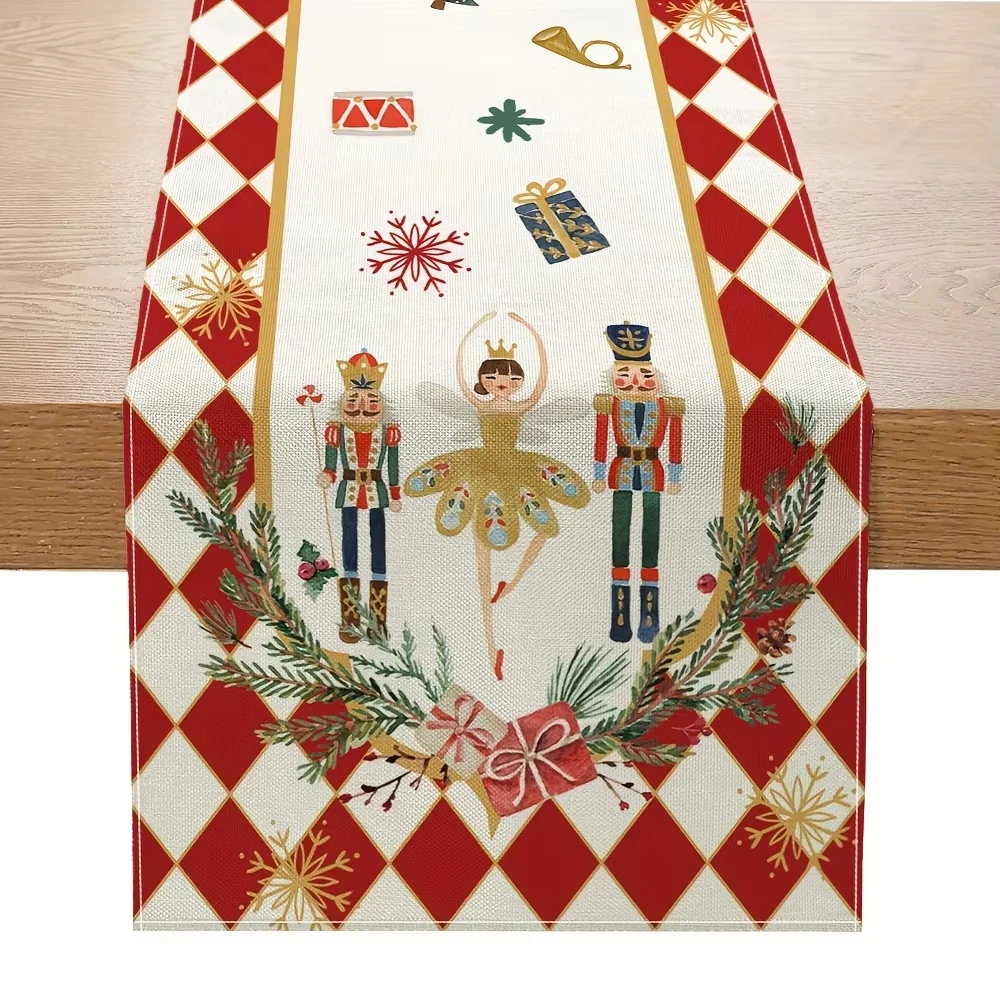 Christmas Nutcracker Linen Table Runner, Classic Xmas Dresser Scarf for Kitchen Dining Table Home Holiday Decorations