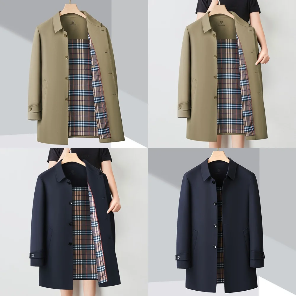 

Windbreaker Jacket Long Trench Coat for Men Business Casual Jacket Medium Length Single Breasted Overcoat Large Size