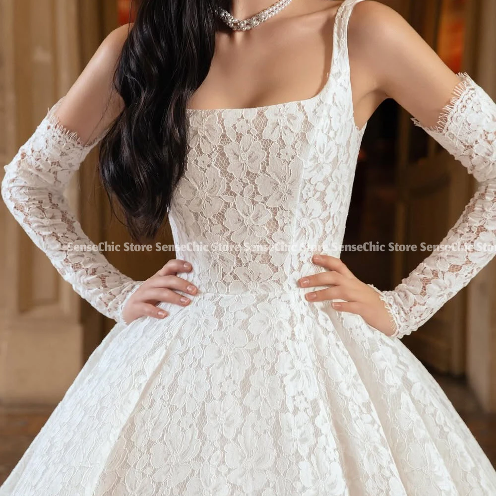 Formale Korea Brautkleider Tüll A-Linie Sweep Zug Spaghettiträger ärmellos Damen Blumen Braut Kleid Maßgeschneidert