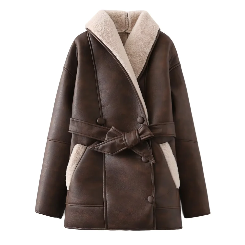 BM&MD&ZA2024 Autumn New Women's Clothing Style Slimming Double breasted Waist Belt with Fur and One Piece Collar Coat