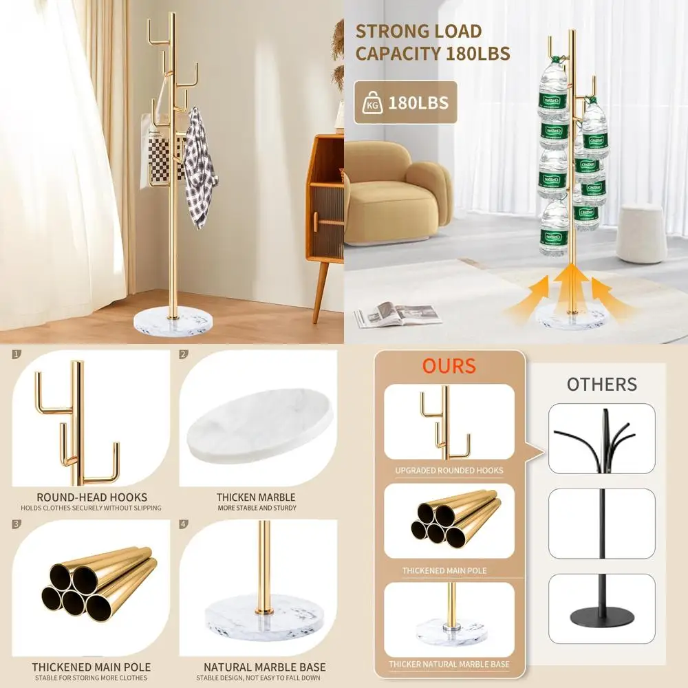 

Heavy-Duty Freestanding Metal Coat Rack with 8 Hooks and Natural Marble Base for Stylish Entryway Storage