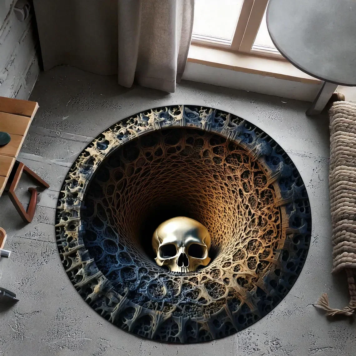 Skull in Deep 3D Root Pit Rug Dark Forest Themed Carpet Creepy Skull with Tree Roots Floor Mat Gothic Occult Floor Decor Carpet