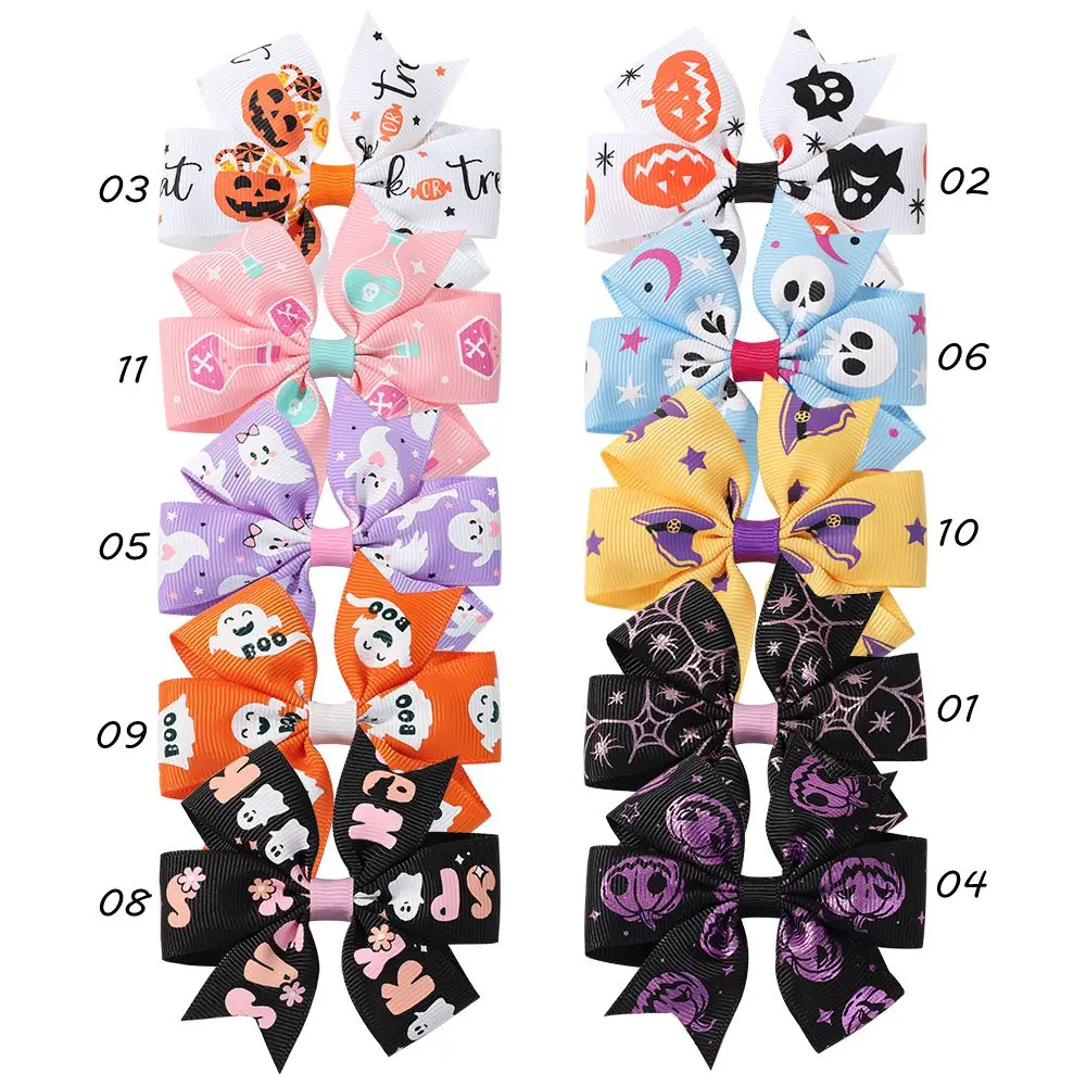 20 Stücke Candy Farbe Kürbis Skelett Druck Haarspangen für Festival Party Mädchen Seitenclips Halloween Kinder Bogen Haar Zubehör – Detail 2