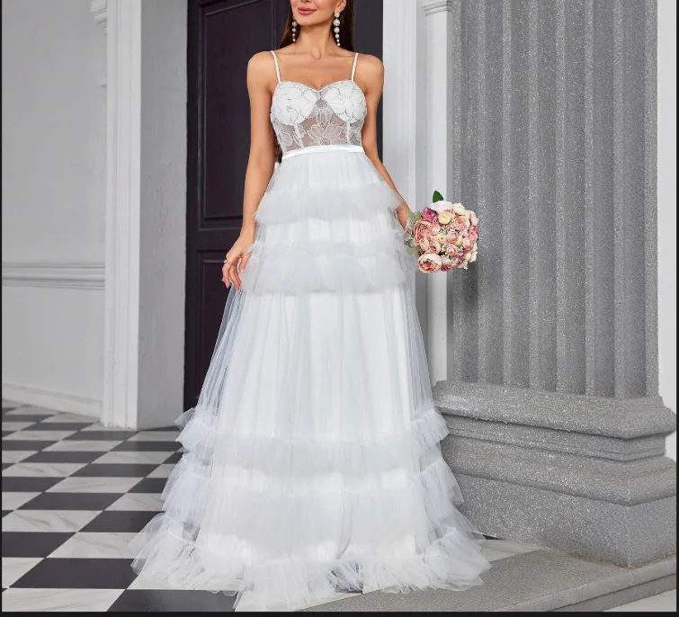 

Sexy Spaghetti Strap Sleeveless Wedding Dresses Customized White Tiered Tulle A-line Floor Length Bride Wedding Gowns