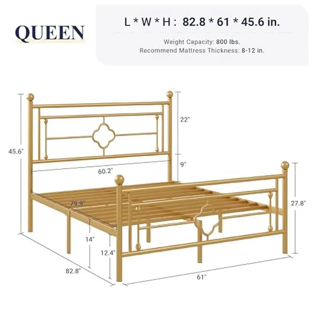 Queen Size Metal Platform Bed Frame with Victorian Vintage Headboard and Footboard Heavy Duty No-Box Mattress Foundation