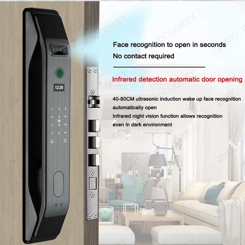 Night Vision 3D Face Recognition Automatical Smart Door Lock with Camera Monitor APP Fingerprint Digital Code Card Mobile Unlock