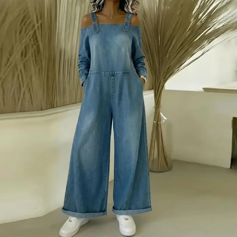 Fashion Jumpsuit Women Long Sleeve Solid Denim Overalls One Piece Set Female Playsuit Spring Autumn Off Shoulder Pocket Overalls