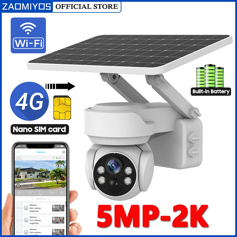 

4G Sim Solar Outdoor Surveillance Camera WIFI 5MP 2K security Waterproof PTZ Wireless CCTV IP Cam Motion Detection Phone Alarm