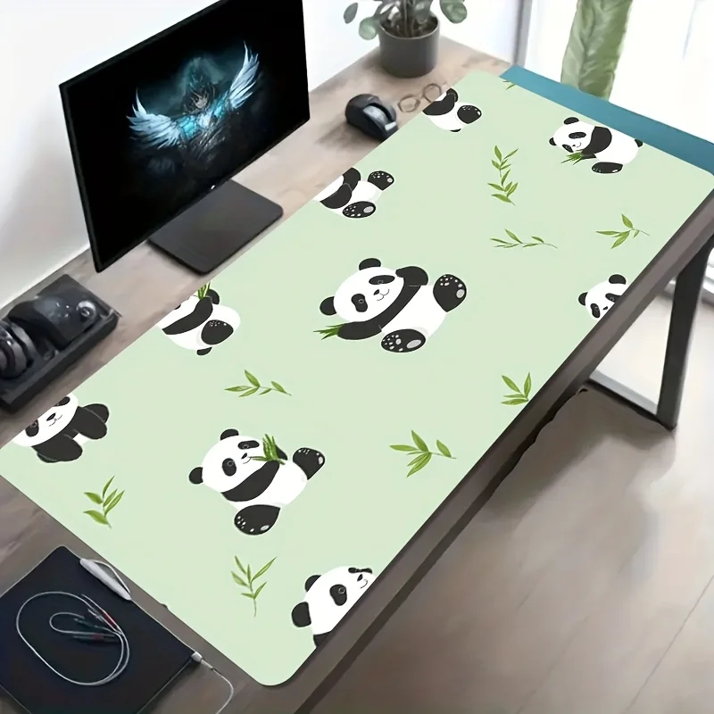 Large Panda Eating Bamboo Green Background Cute Art Gaming Mouse Pad Non-Slip Washable Rubber Desk Mat Office Decor Gift