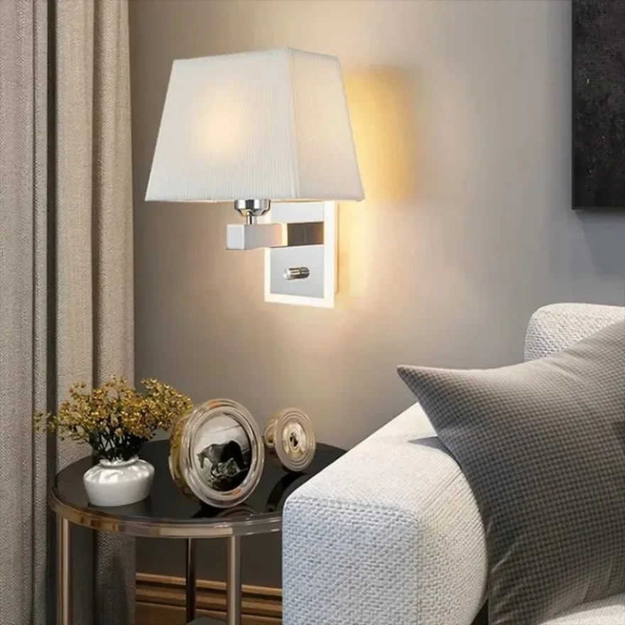 Modern LED Wall Light E27 Nordic Minimalist Fabric Decorative Light Bedroom Bedside Corridor with Rotary Switch Decorative Light