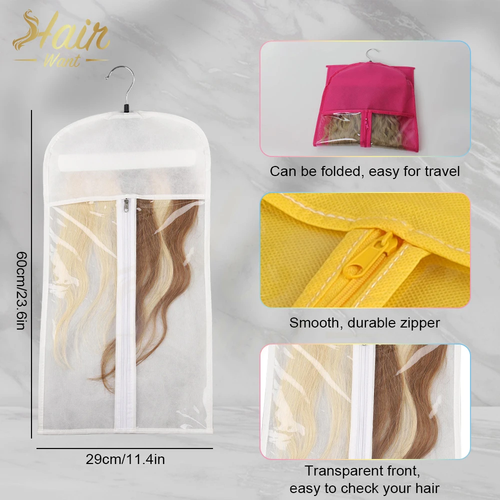 حقيبة تخزين وصلات الشعر مع حامل شماعات وحقيبة شعر مستعار مقاومة للماء ومنظم لحماية وصلات الشعر