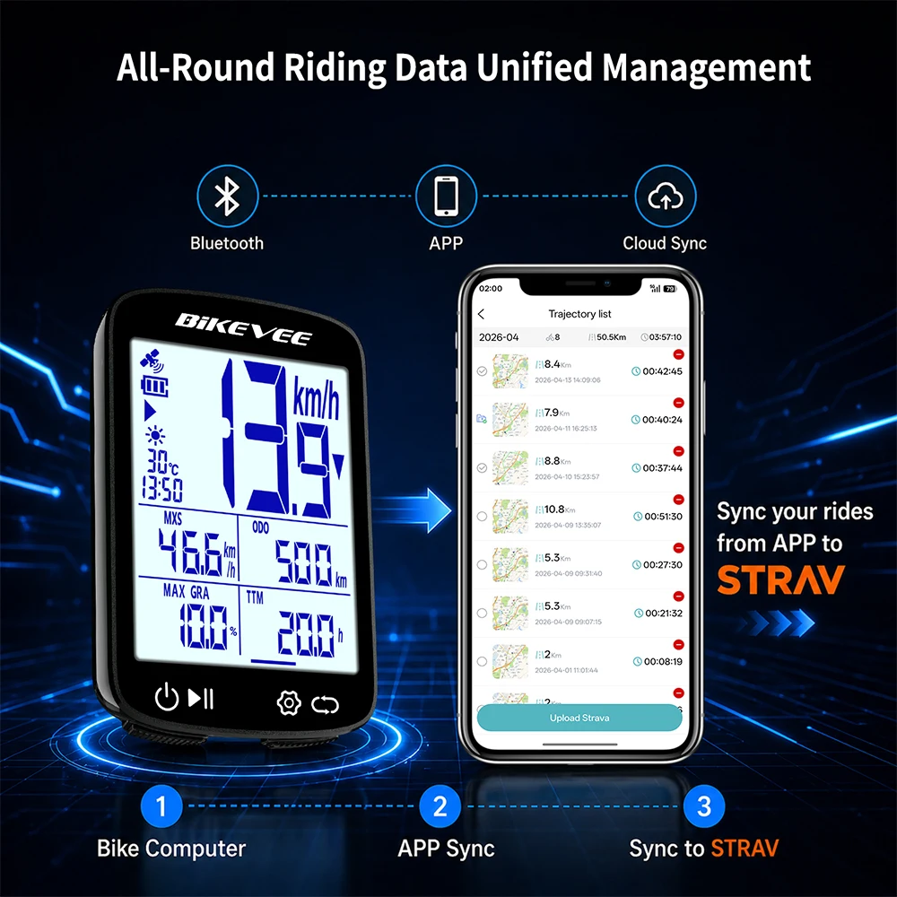 2,4" LCD-Bildschirm Fahrrad-GPS-Computer MPH KM/H Kabelloser Bluetooth-Fahrrad-Tachometer Kilometerzähler Stoppuhr mit automatischer Hintergrundbeleuchtung – Detail 6