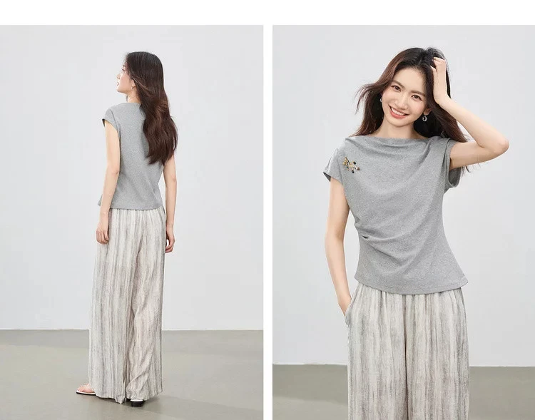 SENTUBILA 2026 Sommer-Damenanzug Zweiteiliges Hosen-Set Lässiges Baumwoll-T-Shirt Leinen-Hose mit Weitem Bein Damenbekleidung 162ZL6840 – Detail 25