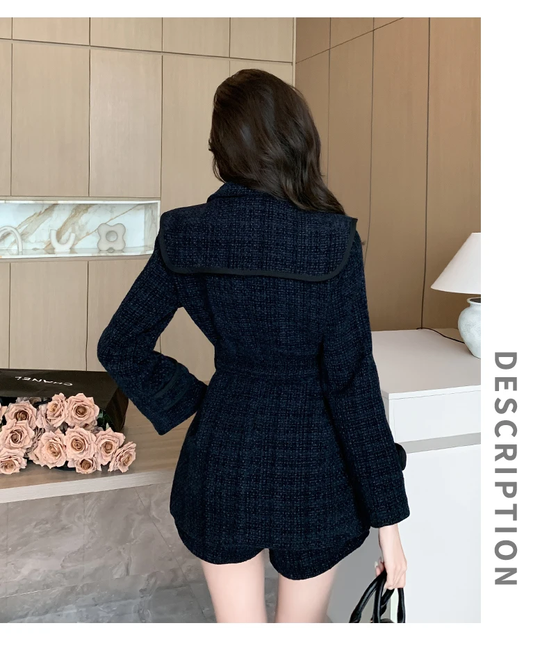 Autumn Winter Clothes Tweed Two Piece Pant Sets Women High Quality Vintage Notched Jacket Coat + Short 2 Piece Sets Lady Outfit