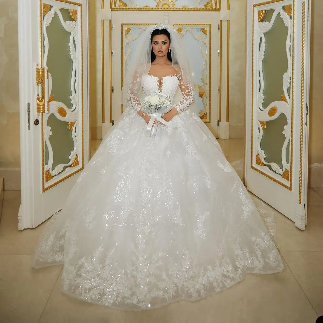 Vestidos De Novia blancos De lujo con cuello transparente, lentejuelas brillantes, manga larga, Apliques De encaje, elegantes vestidos De Novia