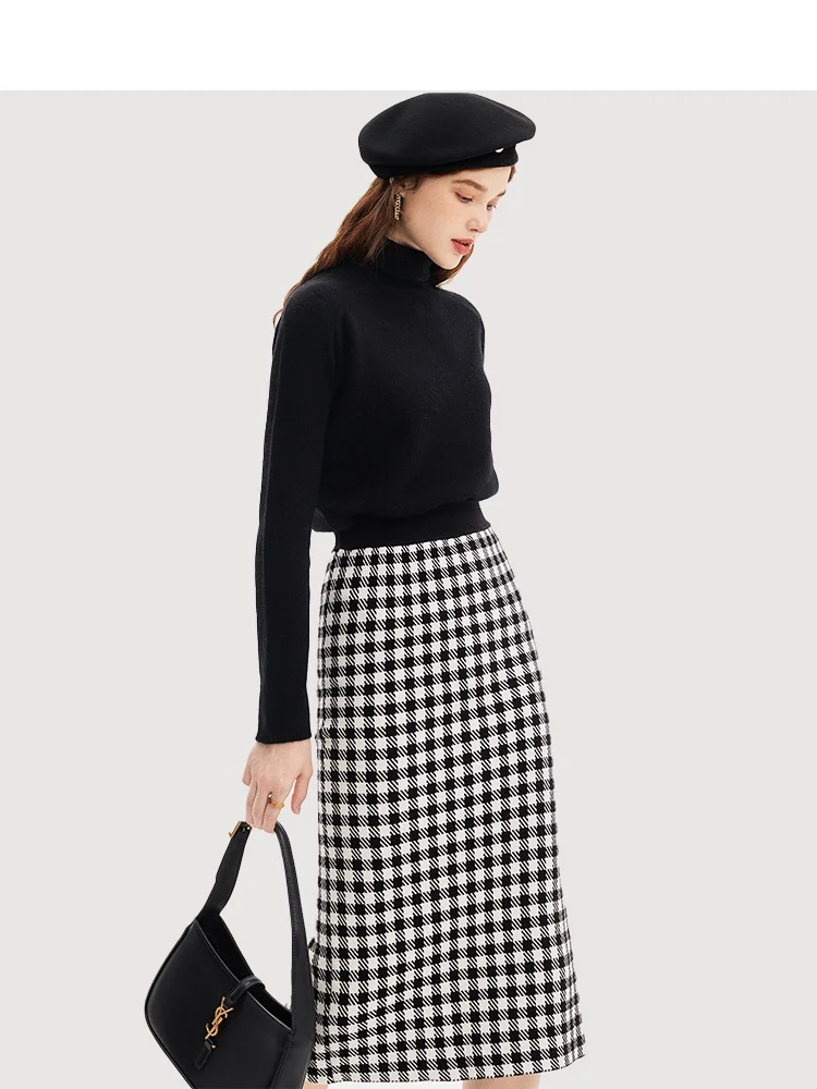 SRK Preto Branco Tweed Malha A-Line Midi Saia Fena Outono Inverno Elástico Cintura Alta Bodycon Saia Commute Estilo Simples