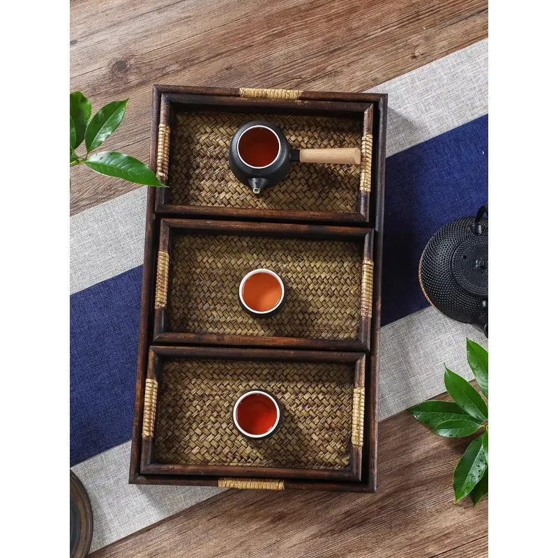 

South East Asia Style Thai Bamboo Tray Home Furnishing Retro Simple Tea Tray Four-piece Solid Wood Tea Cup Tray