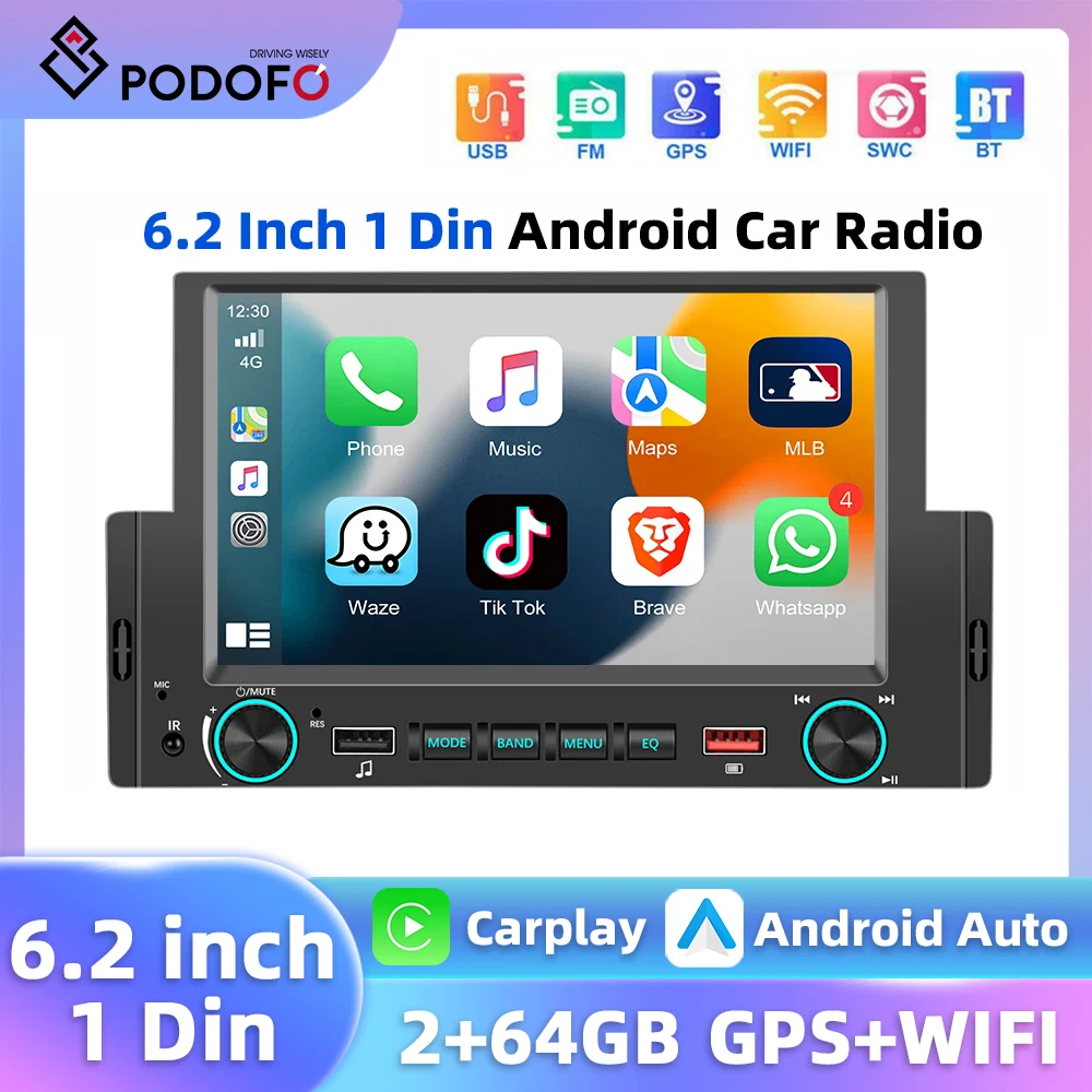 Podofo 2+64G WIFI 6.2'' Car Radio Carplay Android Auto Multimedia Player GPS Navigation Bluetooth USB 1Din Android Car Stereo