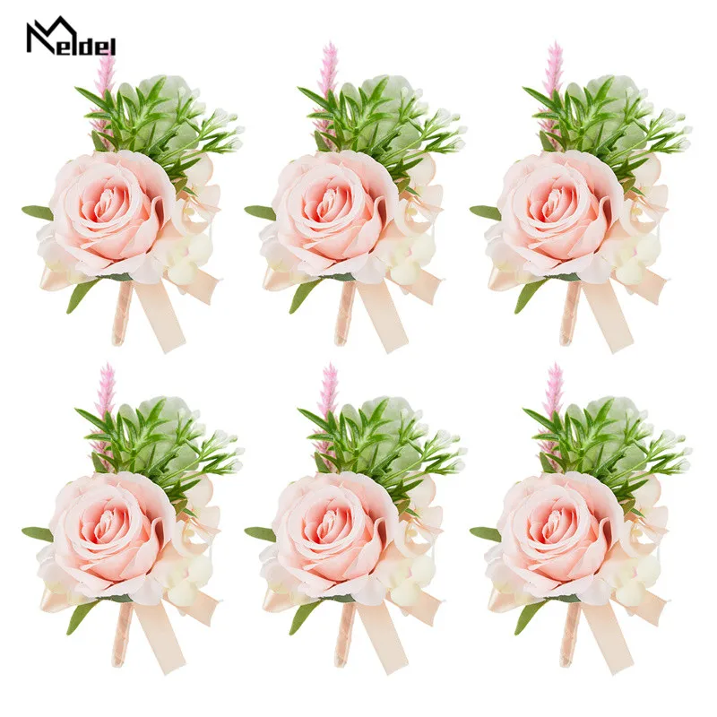 6 pz Champange bianco Groomsman Boutonnieres fiori rose artificiali da sposa damigella d'onore ragazza bracciali fiori corpetto da polso