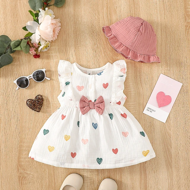 2PCS Zestaw ubrań dla noworodka Baby Girl Love Print Sukienka bez rękawów z kapeluszem Letnia moda Śliczne ubrania dla niemowląt 0-9 miesięcy