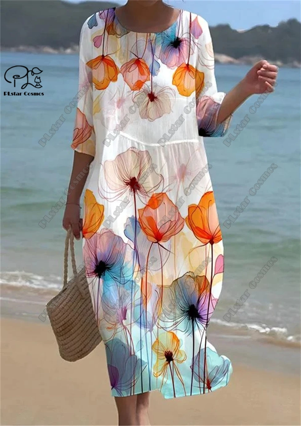 Plstar cosmos 3d impresso vintage floral feminino manga midi em torno do pescoço vestido verão casual estilo resort harajuku rua series11