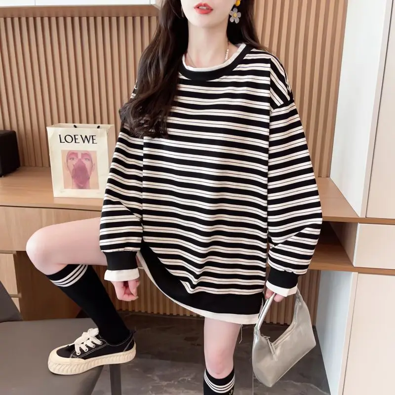 Early Autumn Thin Striped Casual Sweatshirt Hoodie Women Loose Round Neck Long Sleeve Pullover Outfits Oversize Fake Two Piece