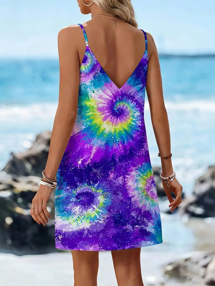 

Women Adjustable Thin Strap V Neck Backless Flowy Tie Dye Spiral Mini Dress Beach Summer Casual Sleeveless A Line