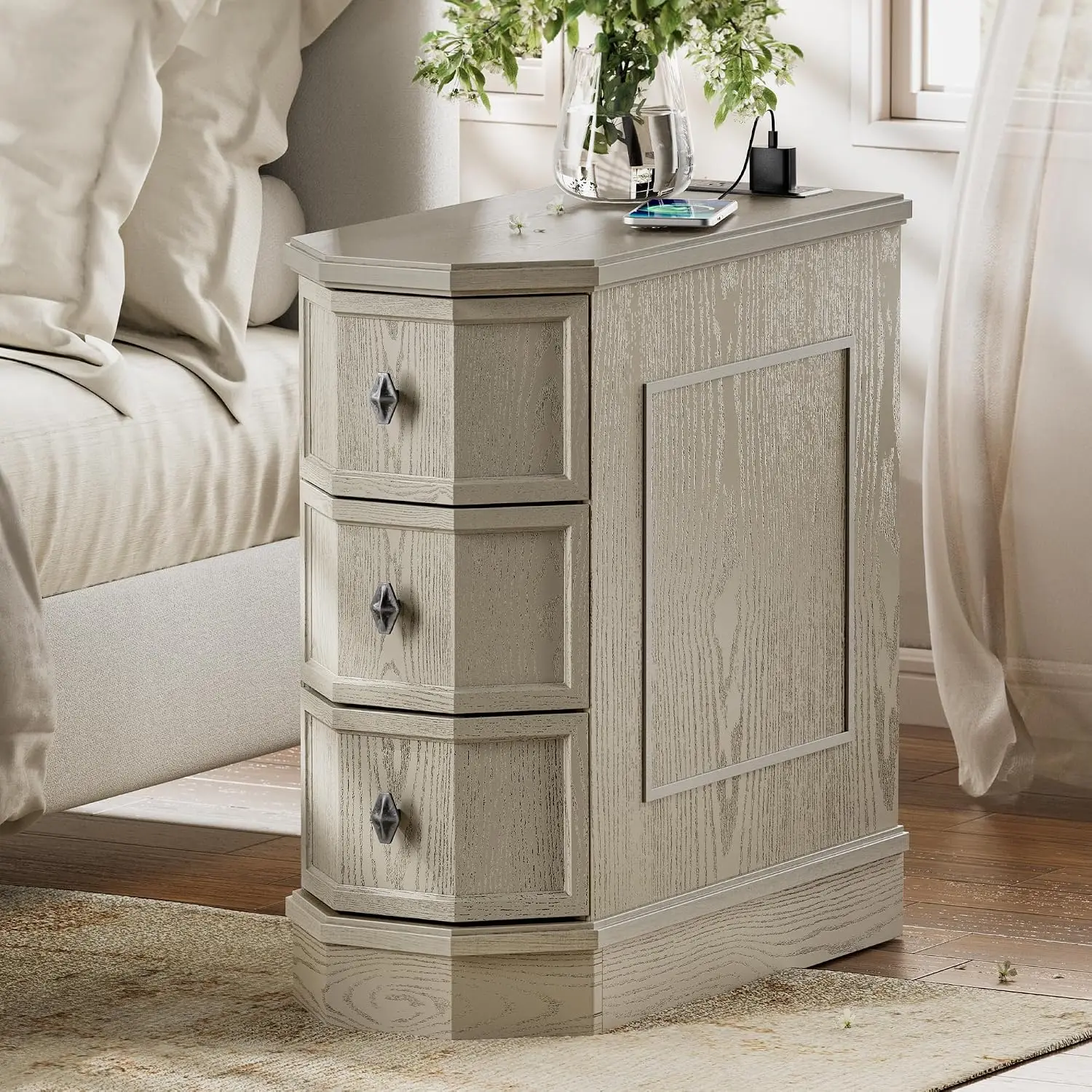 Nightstand with Charging Station, Vintage Wood End Table with 3 Drawer, Victoria Narrow Side Table, Slim Bedside, Customized