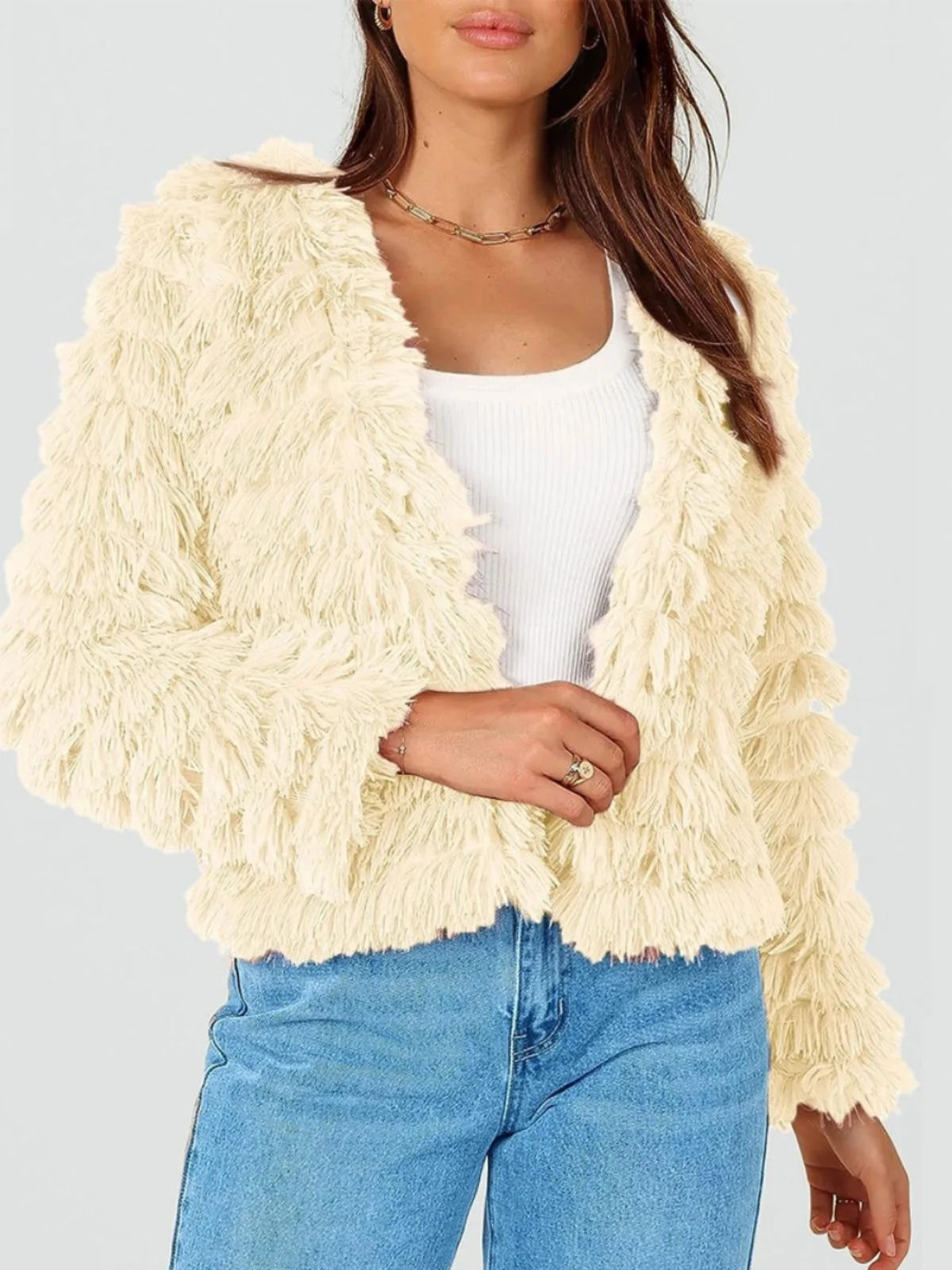 معطف نسائي أنيق من الفرو الصناعي، سميك للشتاء، معطف قصير بأكمام طويلة من ألياف البوليستر، تصميم فضفاض عصري