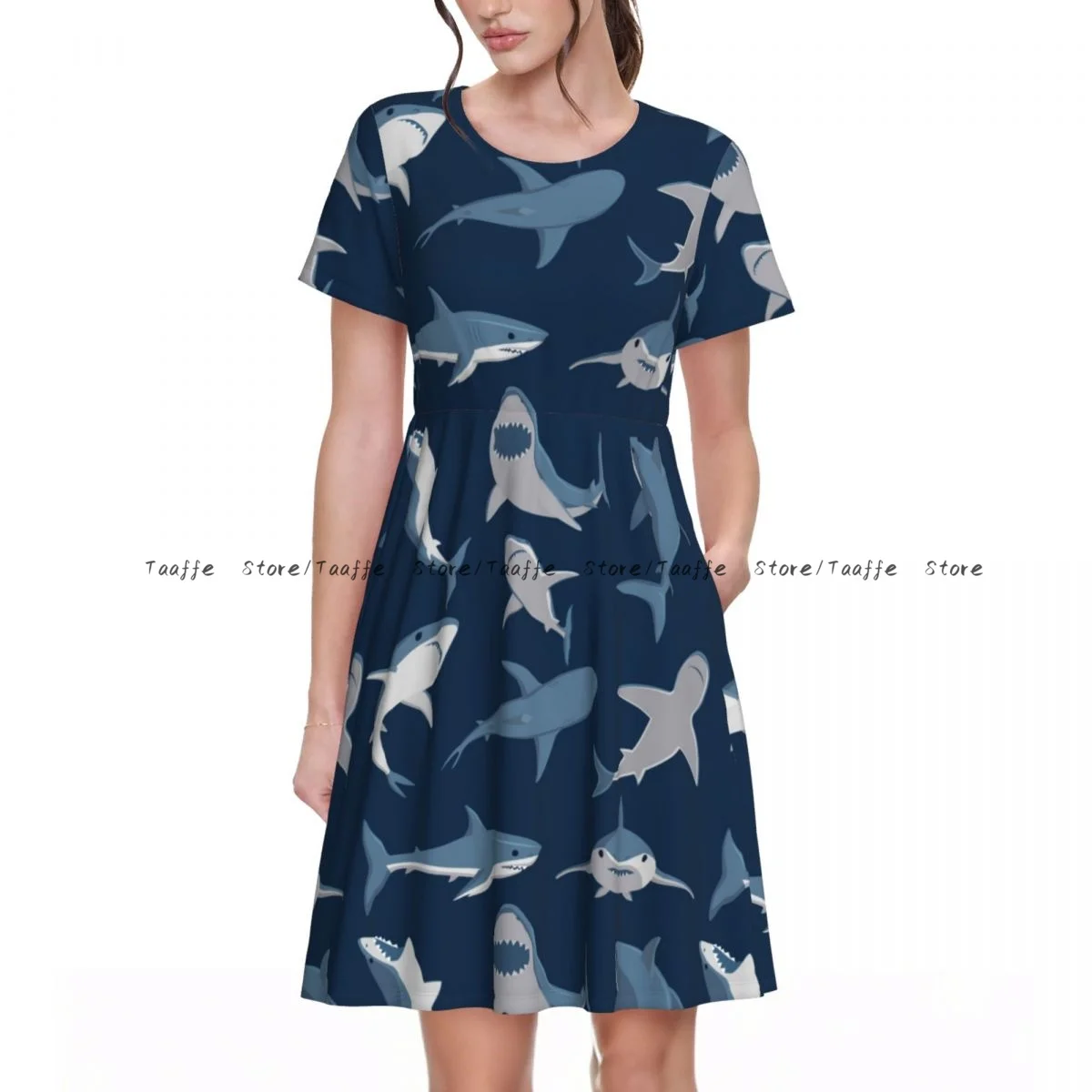 

Elegant Women Dress Angry Shark Turn-down Collar Short Sleeve Body-Shaping Street Robe