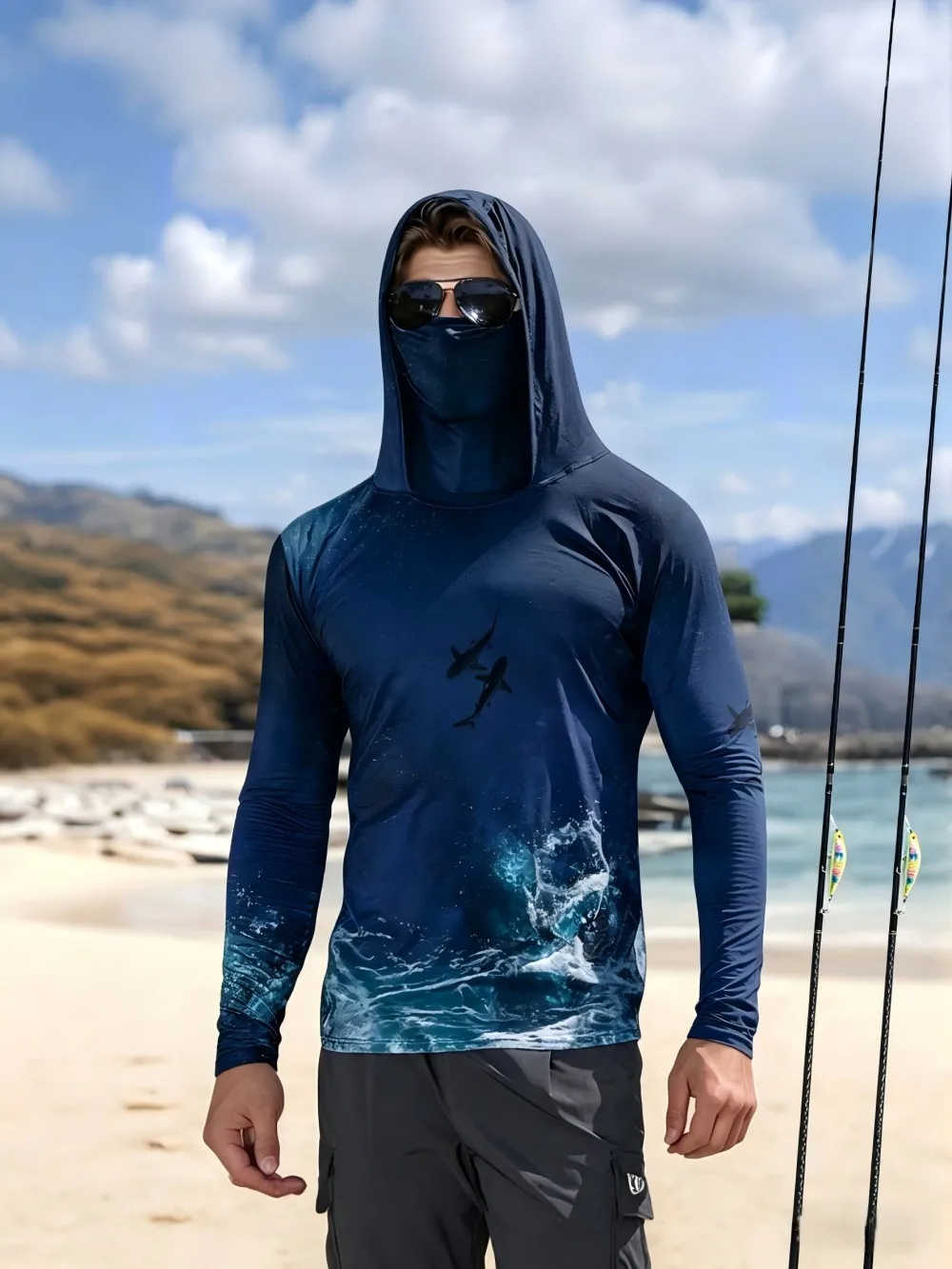 American Men's Summer Personalized Sea Shark Gradient Print Soft Breathable Fishing Suit Long Sleeved T-Shirt Outdoor Casual Top image 6