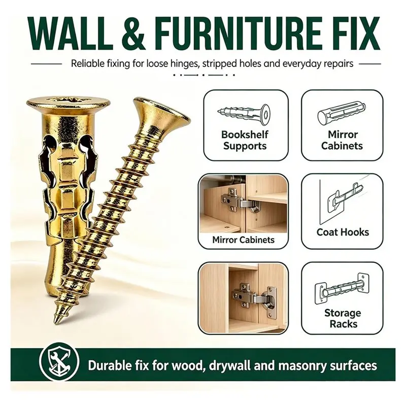 100PCS Short Expansion Screw Set For Cabinet Hinge Repair Thread Repair Screws For Tile Stone Wood Cabinet Hinge Repair