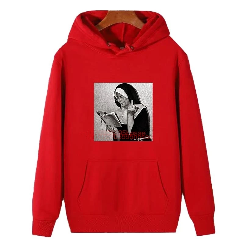 Nun Middle Finger Attitude Funny Graphic Hooded Sweatshirts Winter Thick Sweater Hoodie Essentials Fleece Hoodie Man Sweatshirts