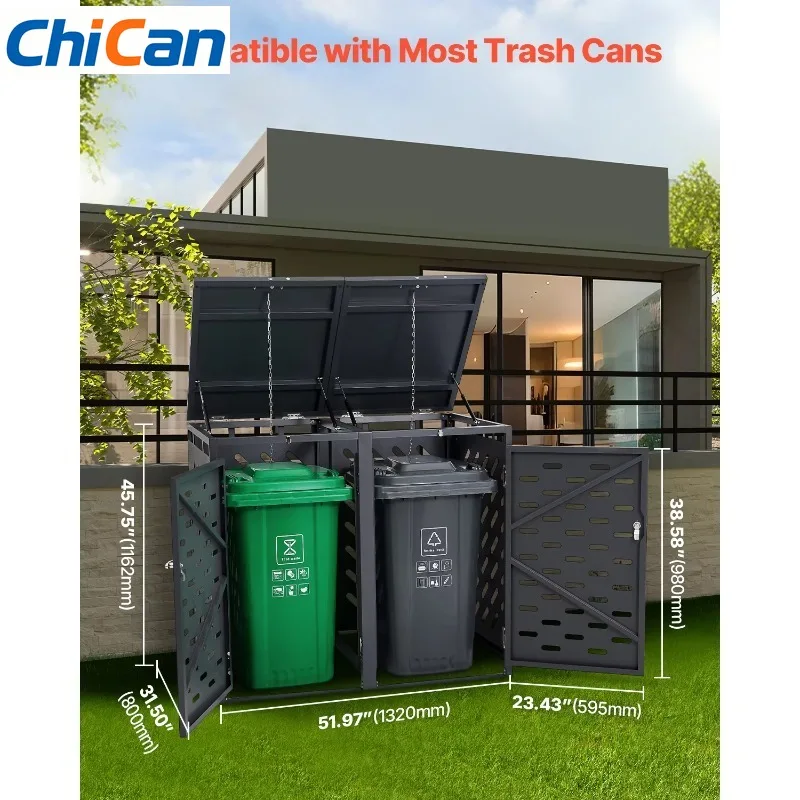 

【Hot】 Trash Can Storage Trash Bin Storage Shed Outdoor Waterproof Storage Cabinet With Chain Lid For Trash Can Backyard