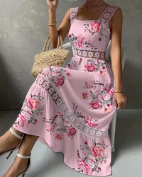 Women Allover Floral Print Elegant Lace Patch Sleeveless Backless High Waist Maxi Dress Party Sexy Vacatiion Beach Long Vestidos