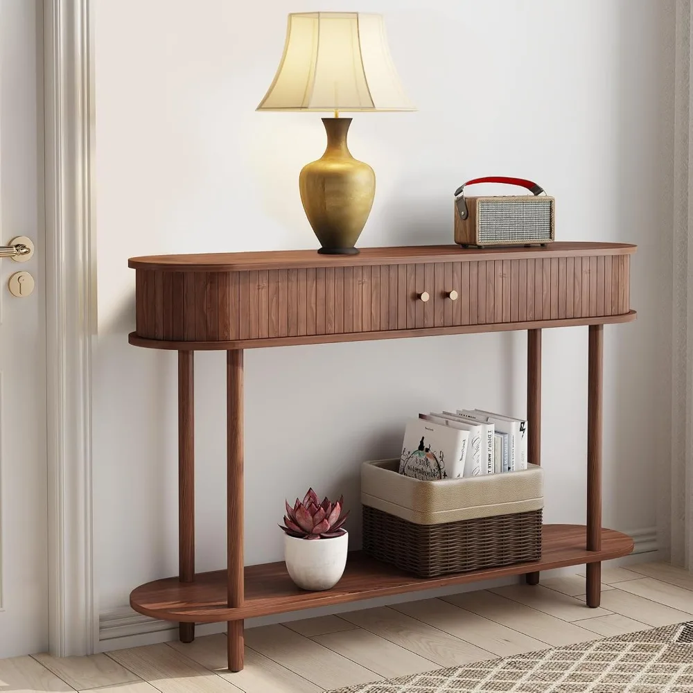 Modern Entryway Table with Wood Tambour Door, Accent Behind Couch Sofa Console with Storage, Fluted Side Table for Hall