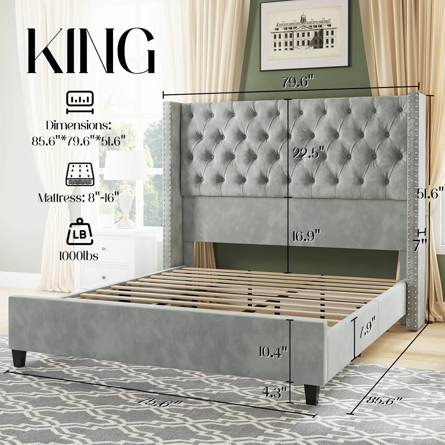 Jocisland King Gestoffeerd Bedframe Hoog Hoofdeinde Wingback Platform Getuft Diep Knoopfluweel Geen Boxspring Nodig Licht Grijs