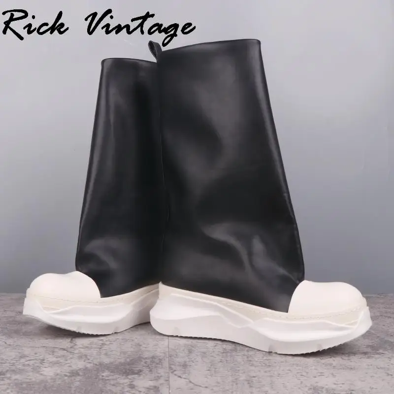 Rick Vintage Women Platform Motorcycle Boots High-TOP PU Leather Mid-Calf Sneaker Luxury Trainers Casual Autumn Flat Black Shoes