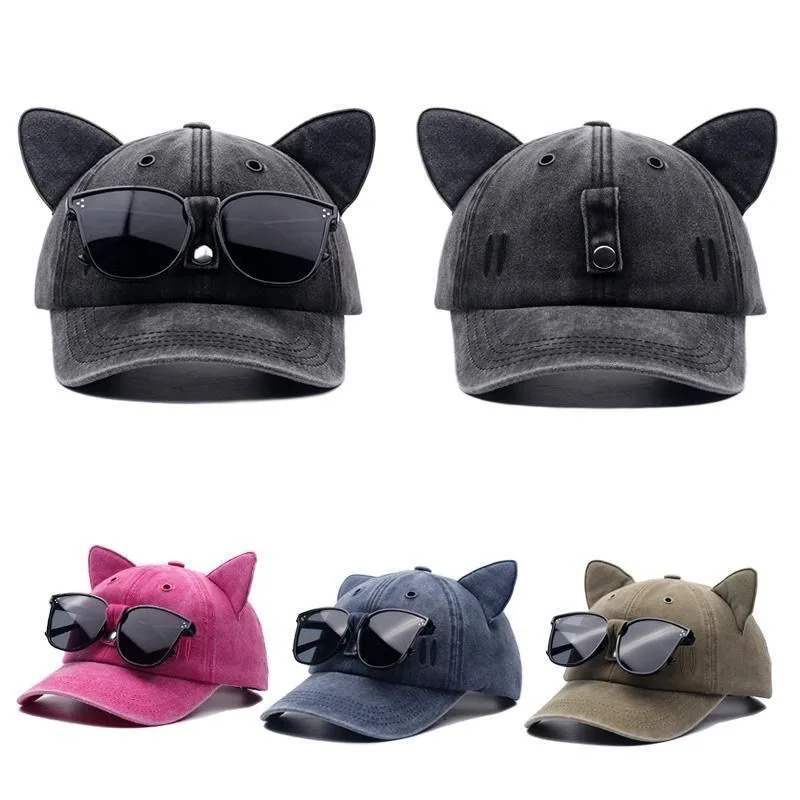 Neue Niedliche Katzenohren-Pilotenmütze mit Brille, Baseballkappe, Wasserwäsche-Baseballkappe, Verstellbare Outdoor-Sonnenblende, Sonnenhüte, Unisex-Geschenk
