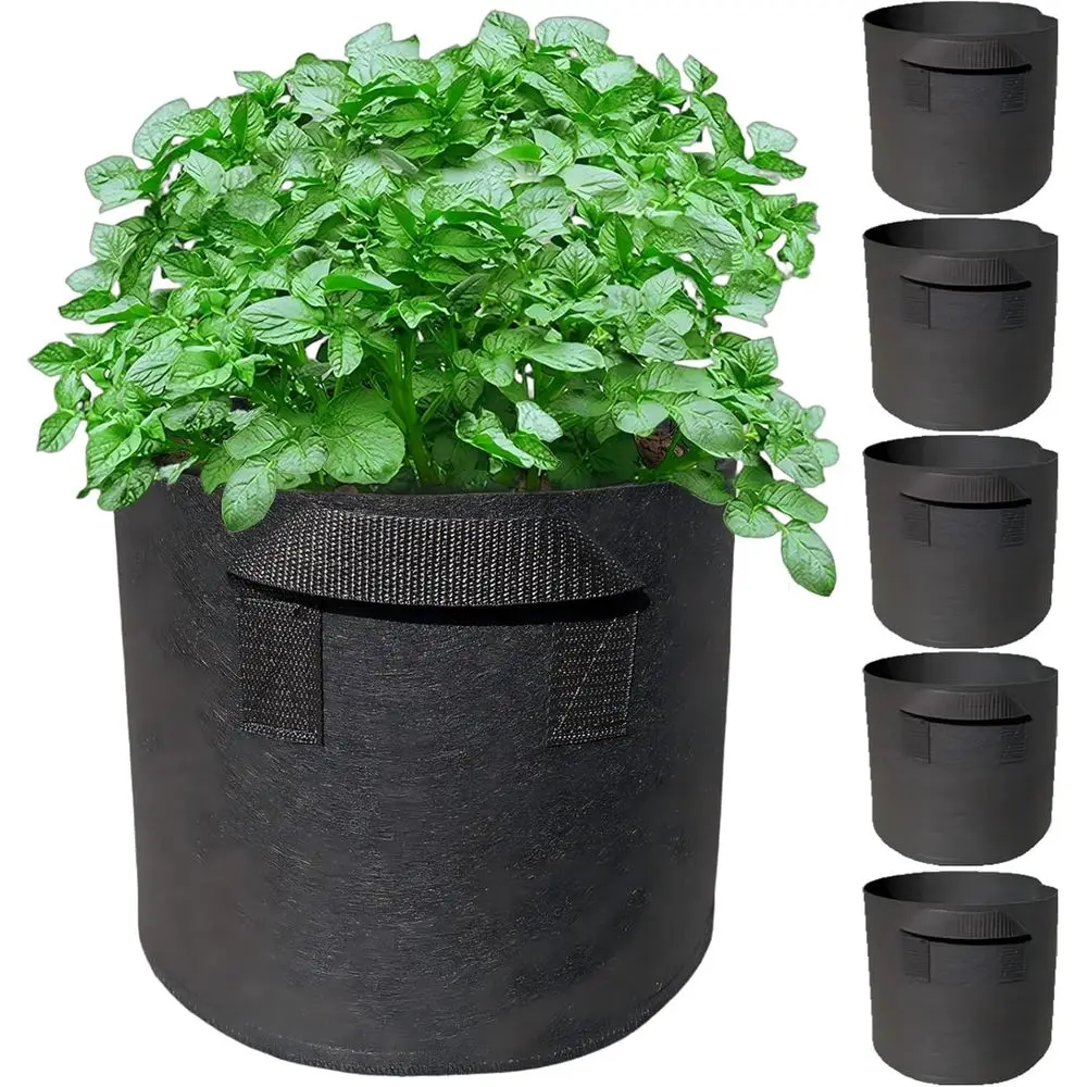 5 Pack 3 Gallon Grow Bags with Handles Nonwoven Fabric Plant Pots | Breathable nonwoven fabric aeration Sturdy handles for easy