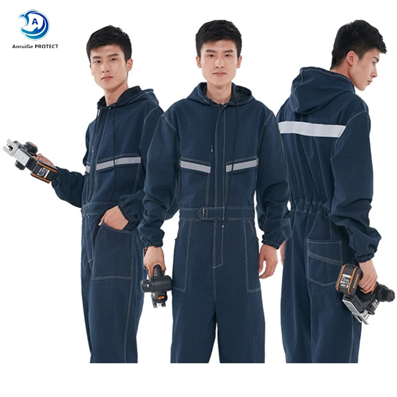 Reflective Denim Work Uniform Flame Retardant Welding Clothes Jumpsuit Coveralls Overalls Auto Repairman Machine Electric Welder