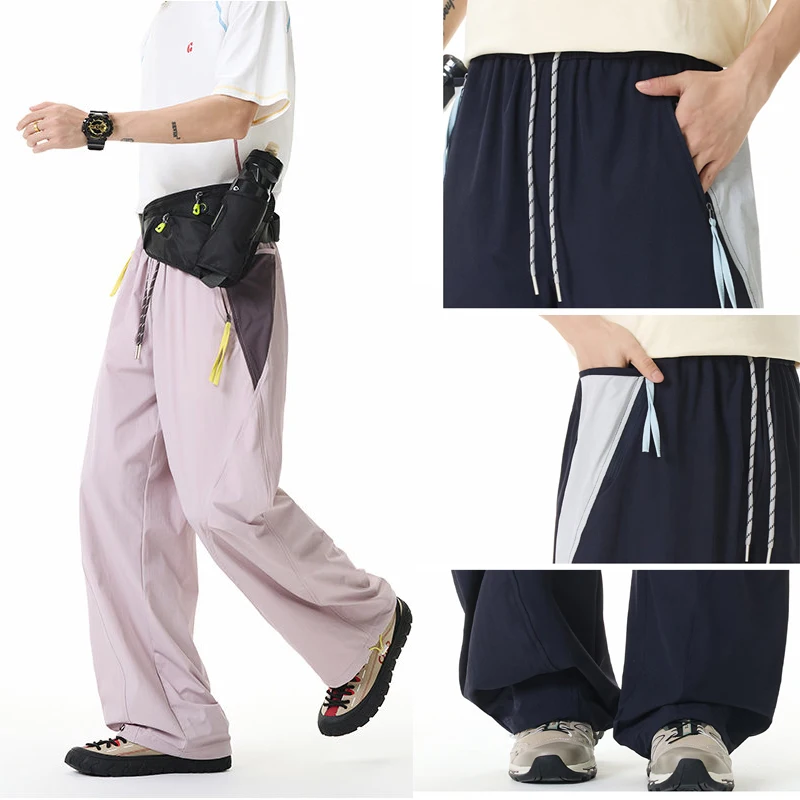 Unisex Ice Silk Wide Leg Pants Breathable Quick Dry Casual Streetwear Loose Fit High Waist Trousers for Men Women