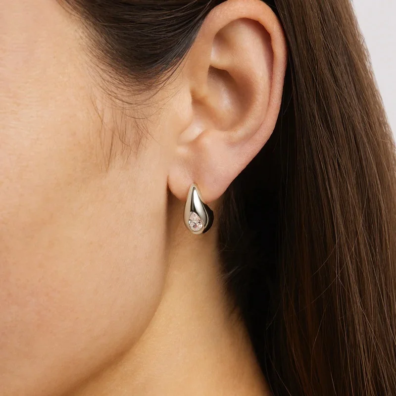 French Smooth Water Droplet Inlaid Zircon S925 Silver Needle Earrings for Women Simple Fashion High-end Exquisite All-match