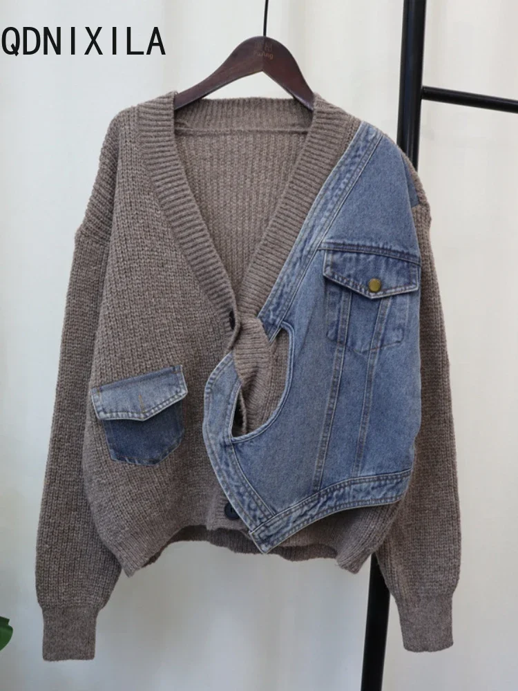 New Women Sweater Autumn Winter Spliced Denim Design Sense Knitted Cardigan Loose Casual Versatile Sweater Jacket for Women