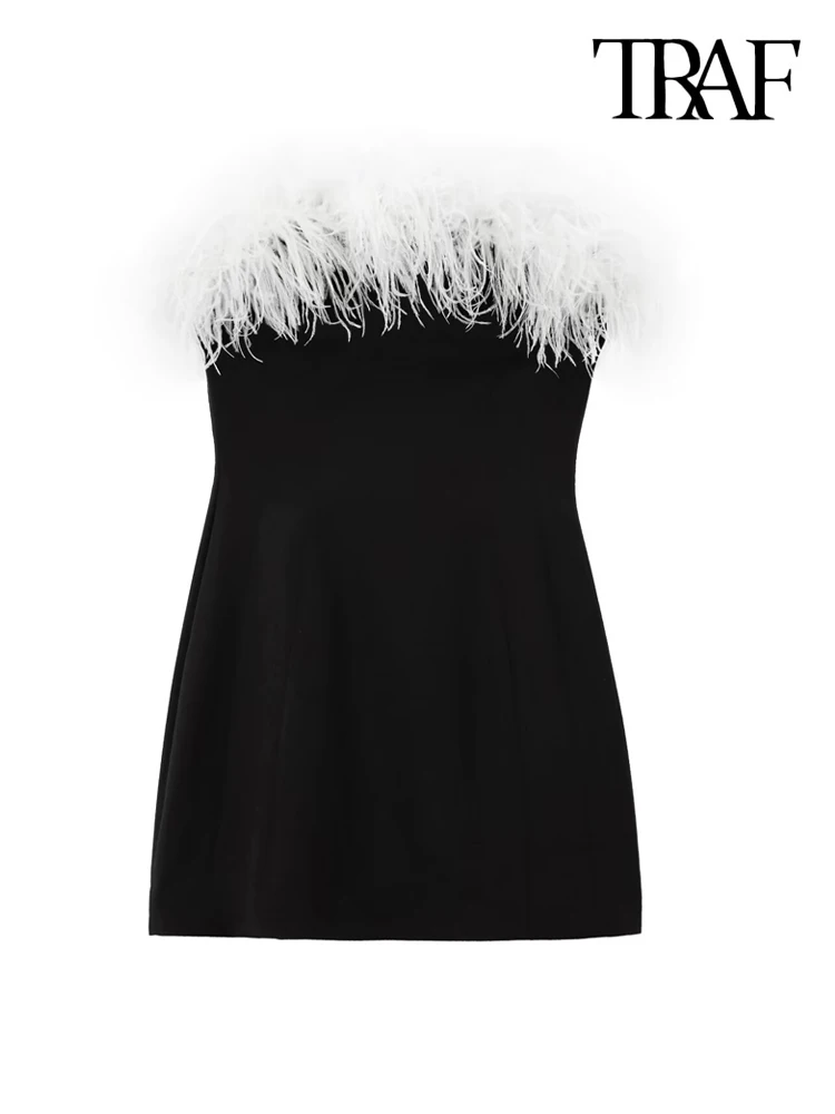 TRAF-Strapless Mini Dress with Feathers for Women, Straight Neck, Off-the-Shoulder, Side Zipper, Female Dresses, Sexy Fashion