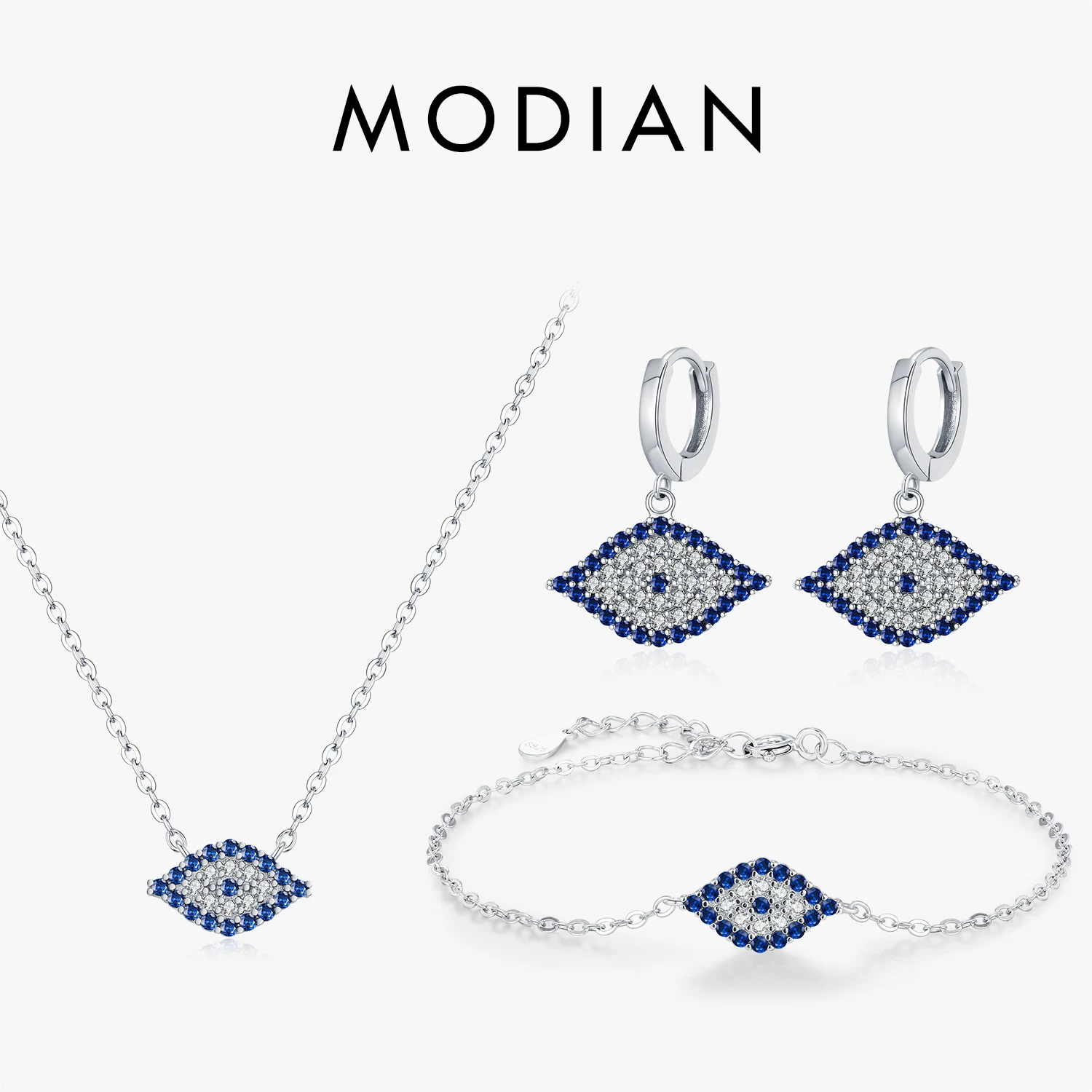 

MODIAN Simple Link Chain Bracelet 925 Sterling Silver Full CZ Ear Stud Blue Eyes Pendant Necklace For Women Fine Jewelry Sets