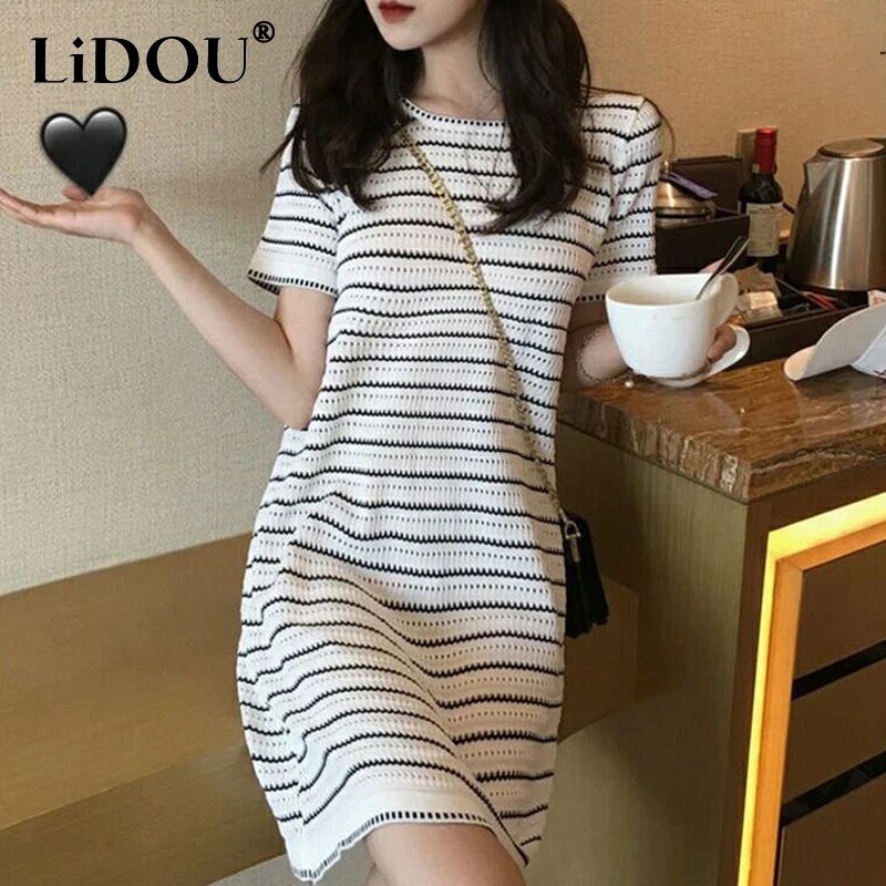 

Summer Korean Hollow Out Stripe Aesthetic Casual Dress Women Short Sleeve Sweat Chic Vestidos De Fiesta Sexy Kawaii Robe Femme