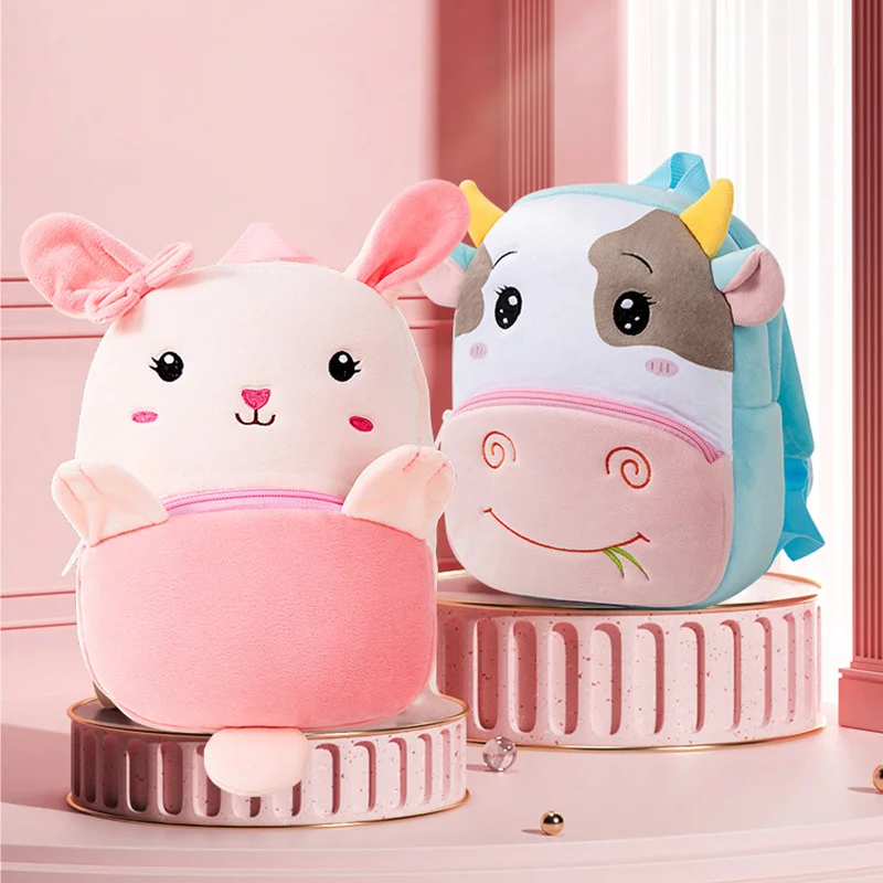 Toddler Girls\' School Backpack Cartoon Cow Soft Plush Kids Bag Kindergarten Boys School Bags Kawaii Schoolbag Sac A Dos Enfant