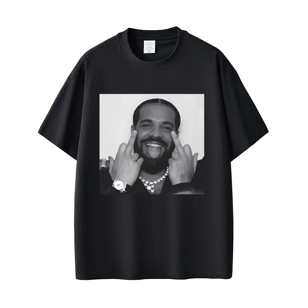 

A 100% pure cotton short-sleeved T-shirt with friendly gesture prints by male rapper Drake and a casual hip-hop retro top