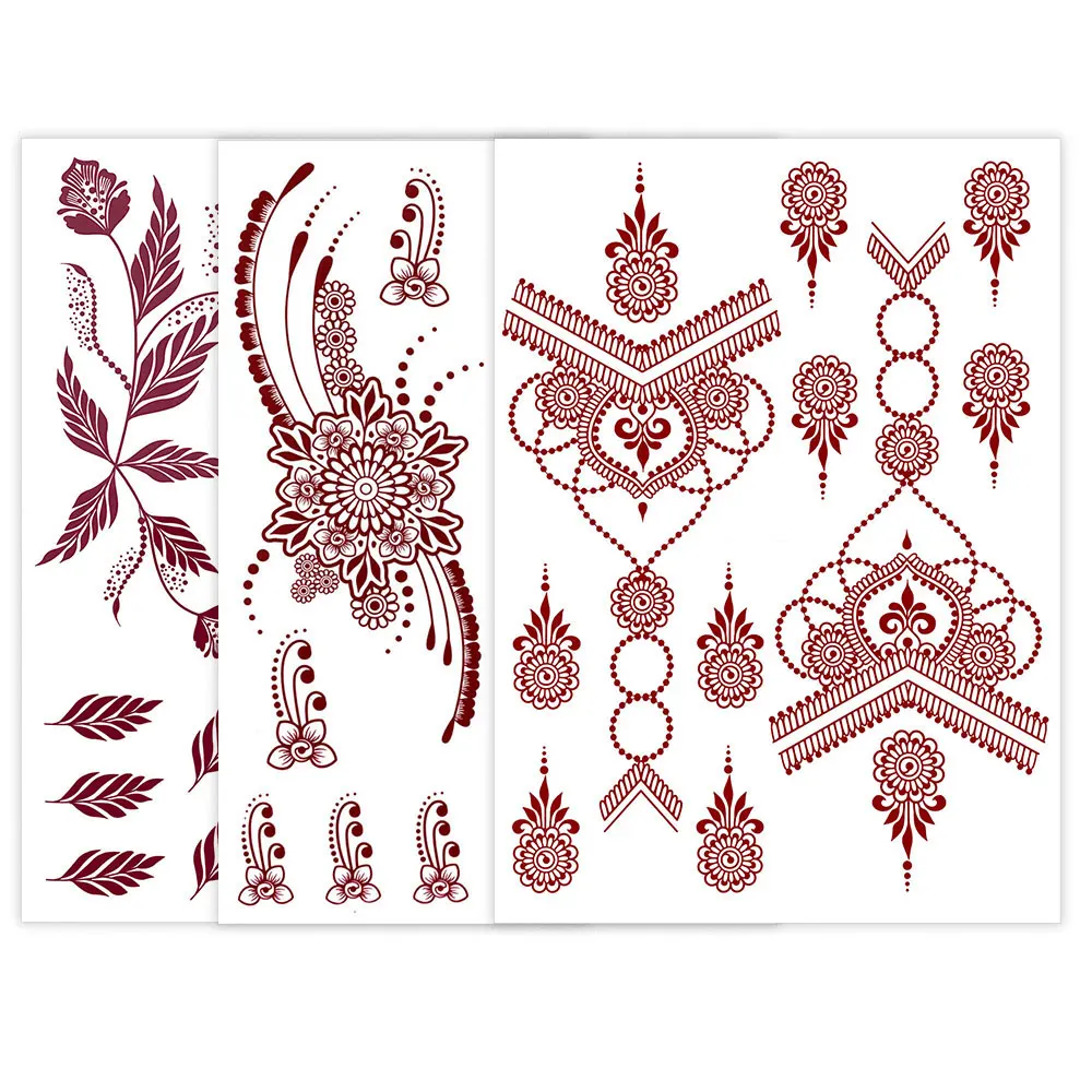 Flower Temporary Tattoos for Women, Maroon Henna Tattoo Stickers for Hand Fingers Disposable Fake Tattoo